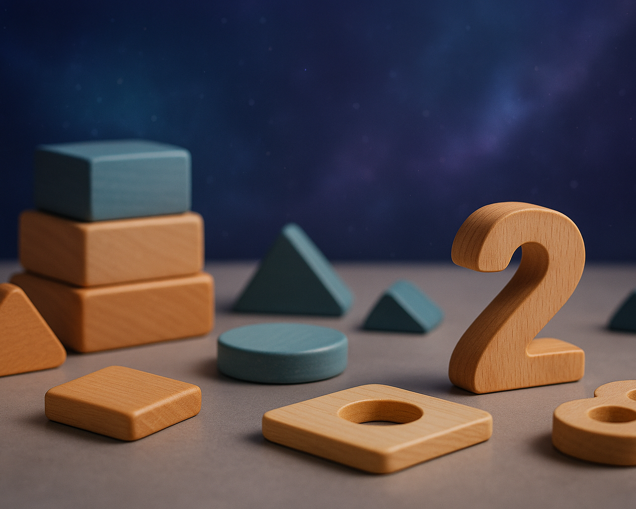 Close-up view of wooden educational toys, including blocks, shapes, and number pieces, arranged on a smooth surface with a soft blue-to-purple cosmic nebula background.