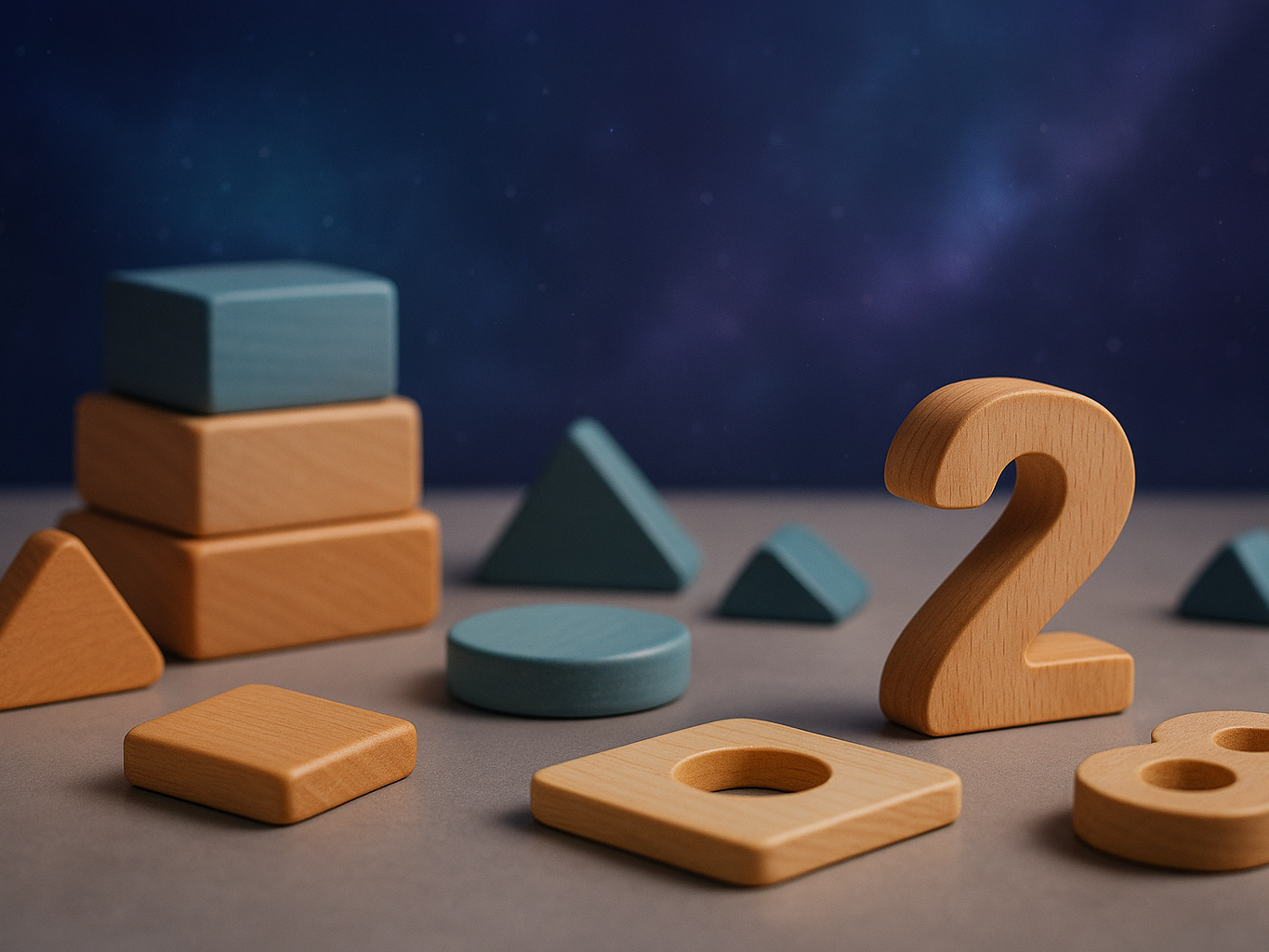 Close-up view of wooden educational toys, including blocks, shapes, and number pieces, arranged on a smooth surface with a soft blue-to-purple cosmic nebula background.