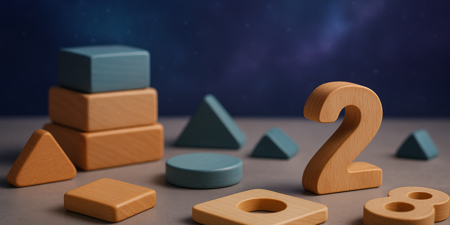 Close-up view of wooden educational toys, including blocks, shapes, and number pieces, arranged on a smooth surface with a soft blue-to-purple cosmic nebula background.