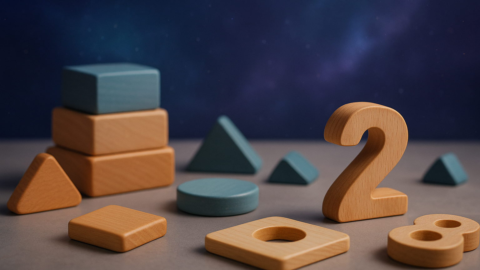 Close-up view of wooden educational toys, including blocks, shapes, and number pieces, arranged on a smooth surface with a soft blue-to-purple cosmic nebula background.