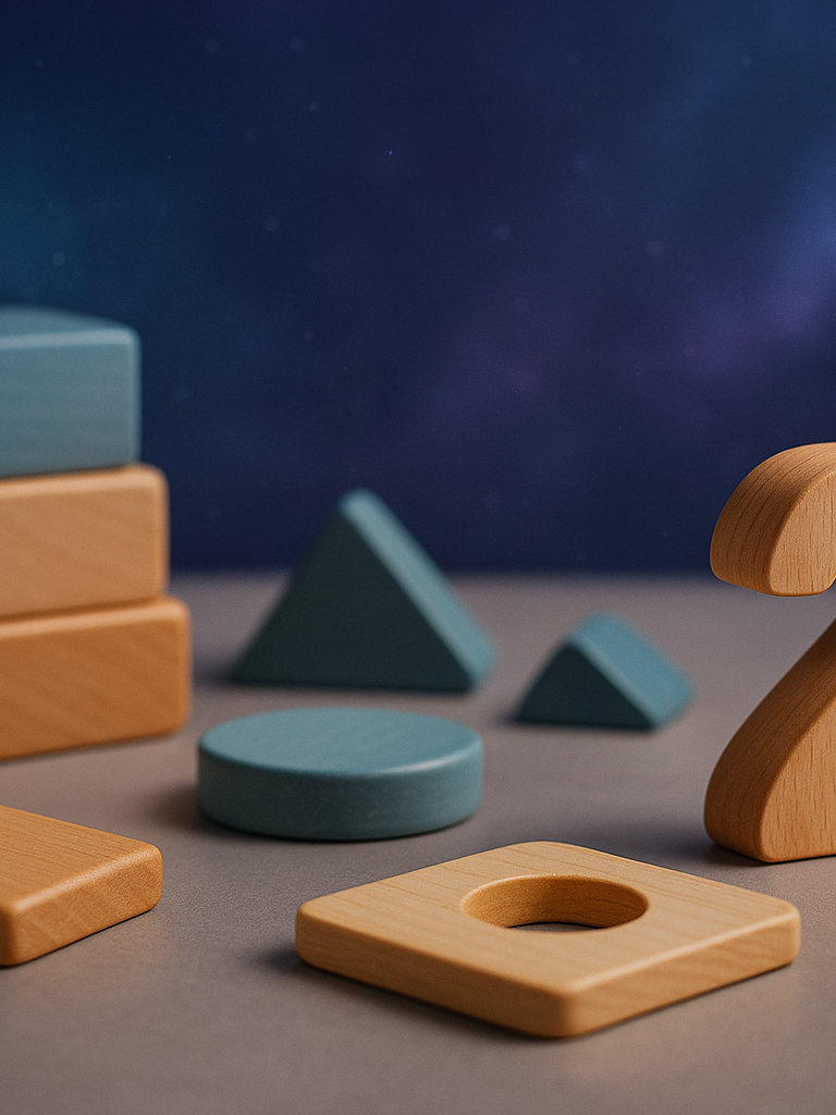 Close-up view of wooden educational toys, including blocks, shapes, and number pieces, arranged on a smooth surface with a soft blue-to-purple cosmic nebula background.