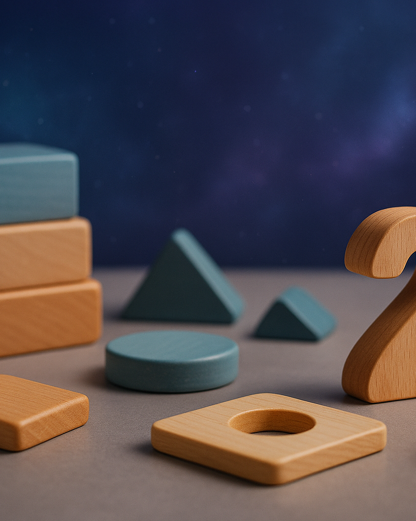 Close-up view of wooden educational toys, including blocks, shapes, and number pieces, arranged on a smooth surface with a soft blue-to-purple cosmic nebula background.
