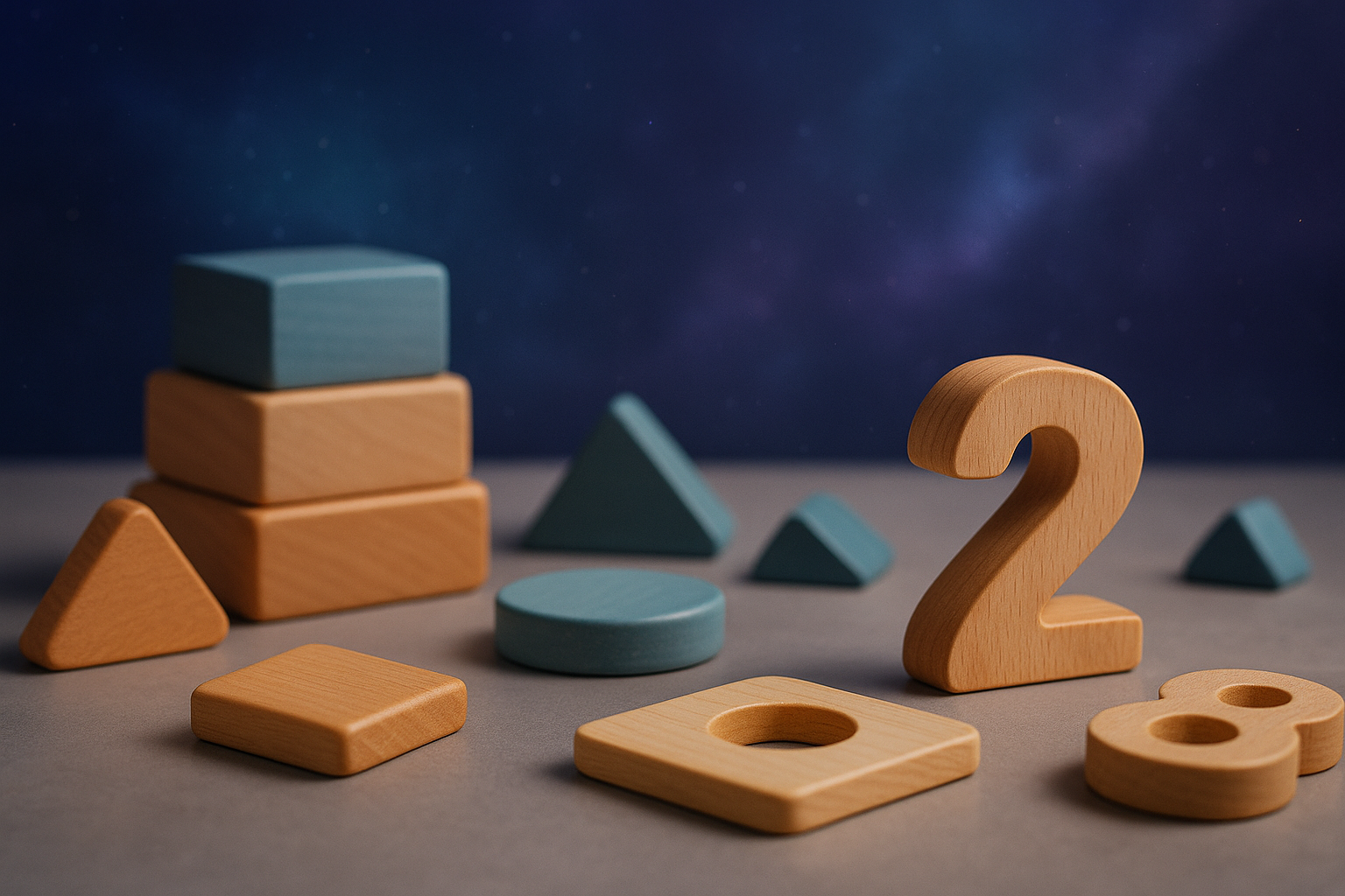 Close-up view of wooden educational toys, including blocks, shapes, and number pieces, arranged on a smooth surface with a soft blue-to-purple cosmic nebula background.