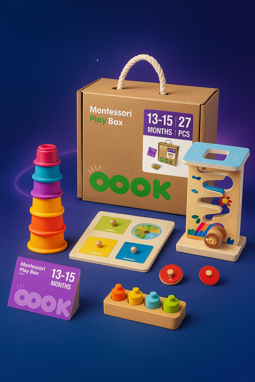 Montessori Play Box with wooden toys, stacking cups, and puzzles displayed on a deep blue and violet cosmic background with soft stars and glowing light accents.