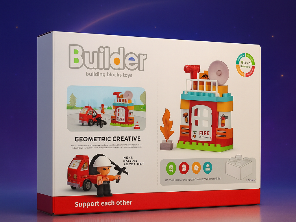 Fire Station Builder Blocks Set toy box featuring colourful fire station building blocks.