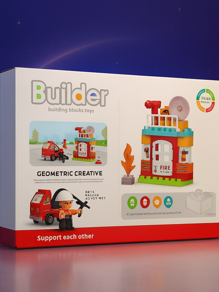 Fire Station Builder Blocks Set toy box featuring colourful fire station building blocks.