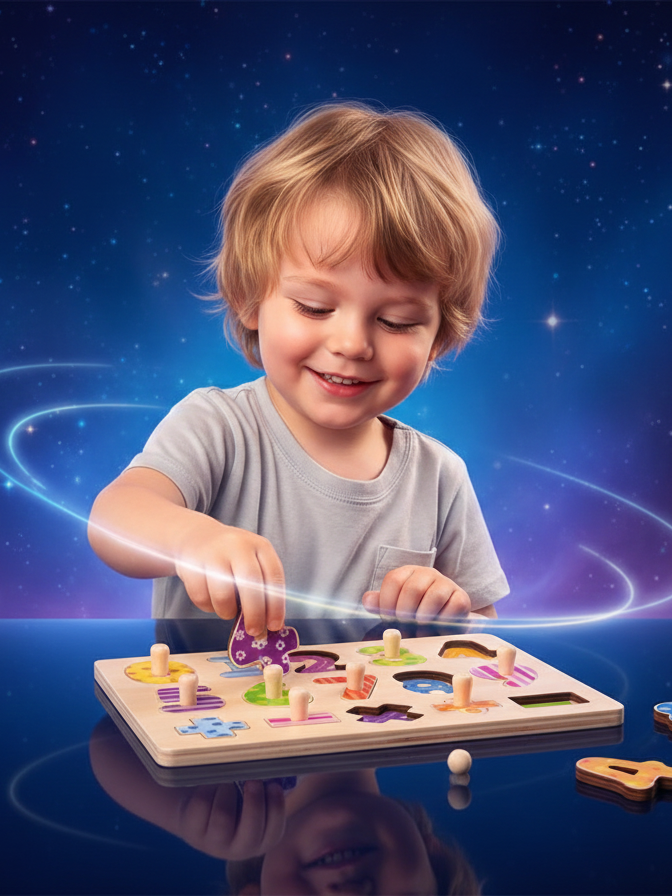 A joyful child, age 3-5, with blonde hair, smiles as they play with the Space Monkey Cosmic Numbers Puzzle. The child is holding a purple number '2' piece with a peg, about to place it into the wooden puzzle board. The board features colorful numbers 0-9 and math operators. The scene is set in a magical, deep blue and purple cosmic environment with glowing starlight speckles, soft nebula haze, and subtle orbital light trails. The toy is clearly visible and unchanged, reflecting gently on a soft, dark surface.