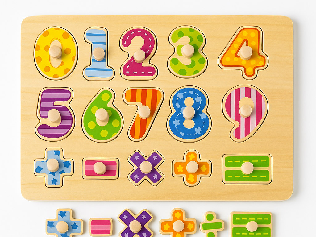 Wooden number puzzle with colourful numbers and math symbols on a light wood board, displayed on a white studio background.