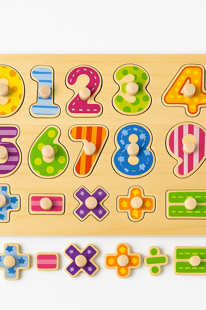 Wooden number puzzle with colourful numbers and math symbols on a light wood board, displayed on a white studio background.