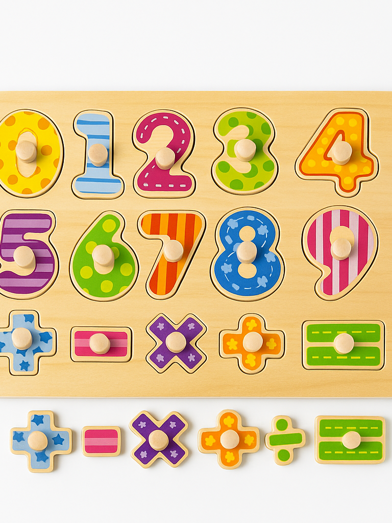 Wooden number puzzle with colourful numbers and math symbols on a light wood board, displayed on a white studio background.